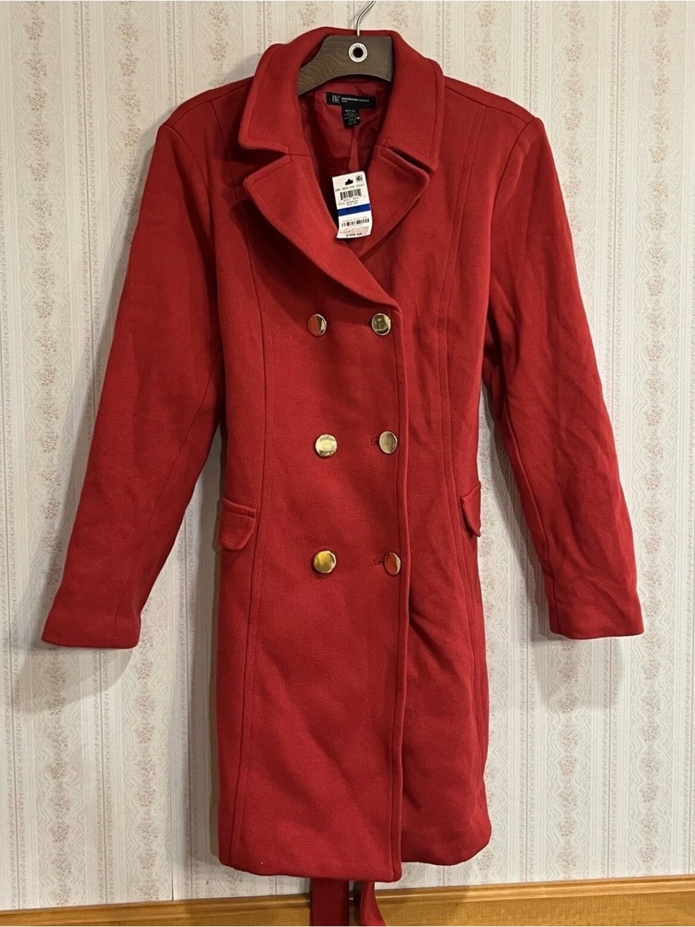 DKNY Red Double-Breasted Wool Coat